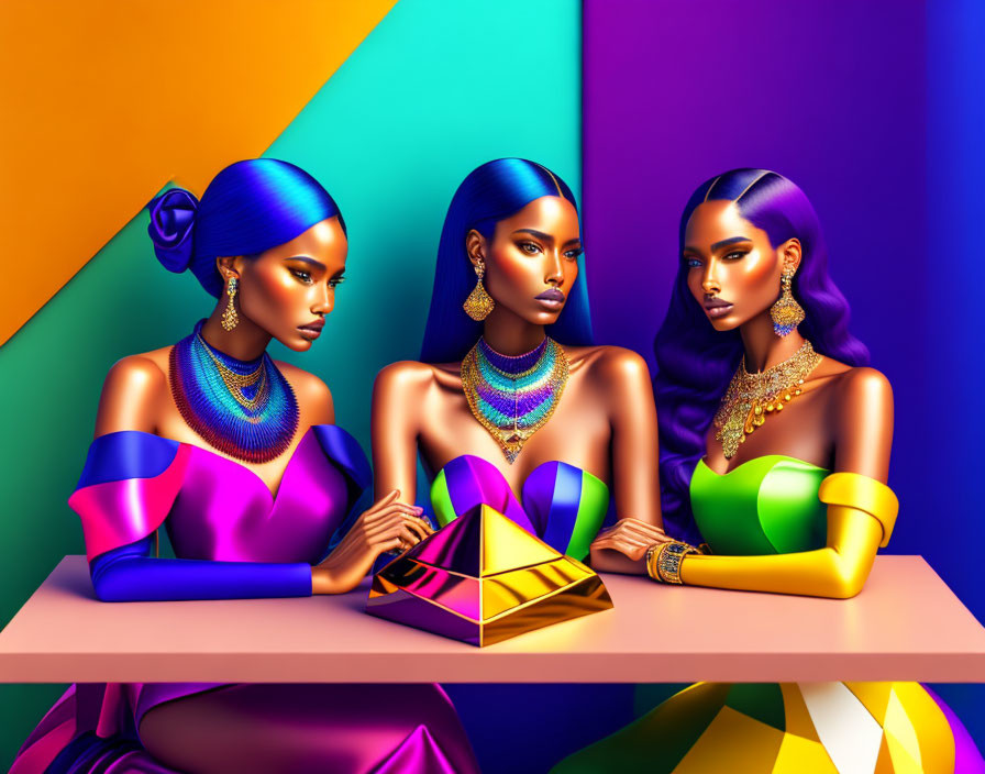 Stylized women with vibrant makeup in colorful attire on geometric background