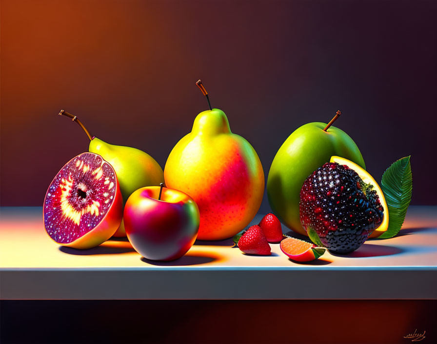 Colorful ripe fruit still life on dark background with reflective surface