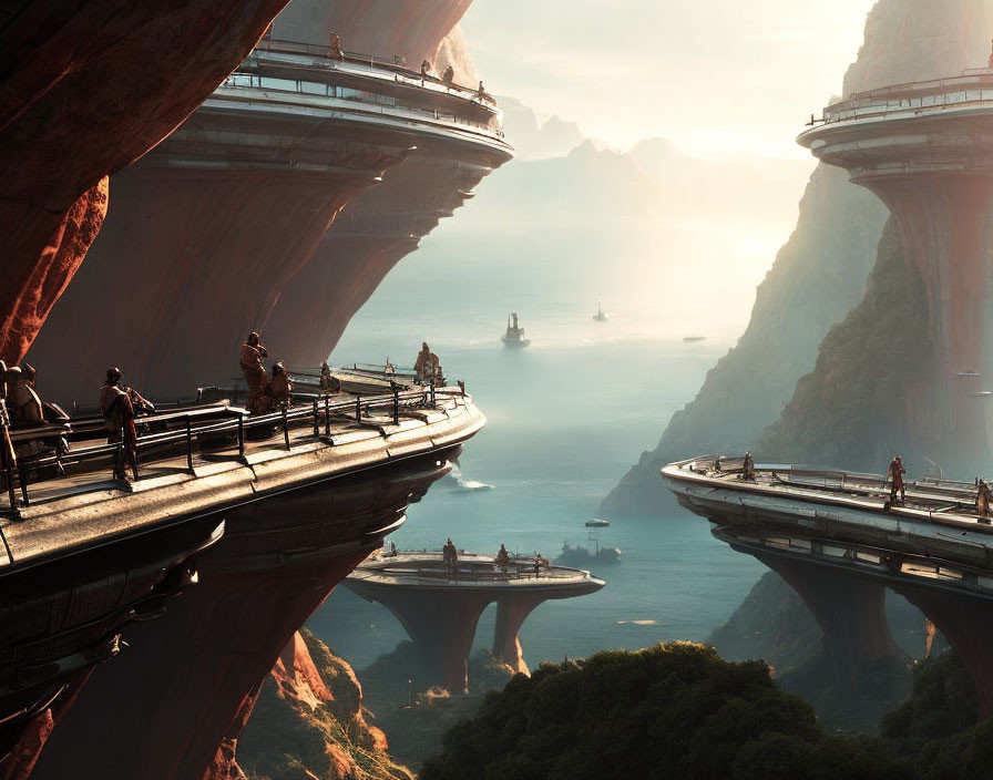 Futuristic bridges over vast canyon with people and vehicles amid misty peaks