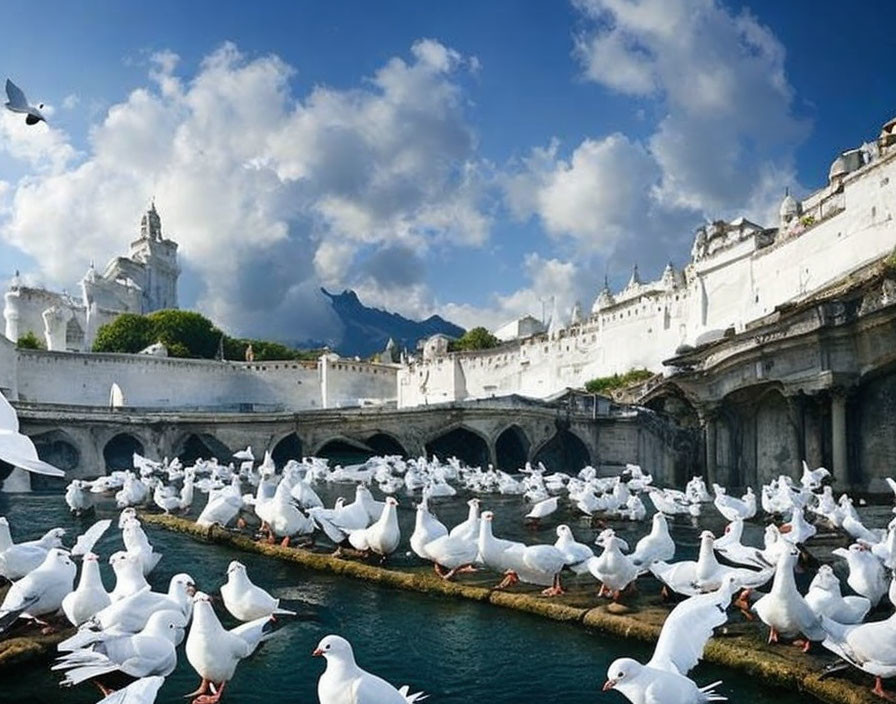 White pigeons by water canal near white building, mountains, blue sky