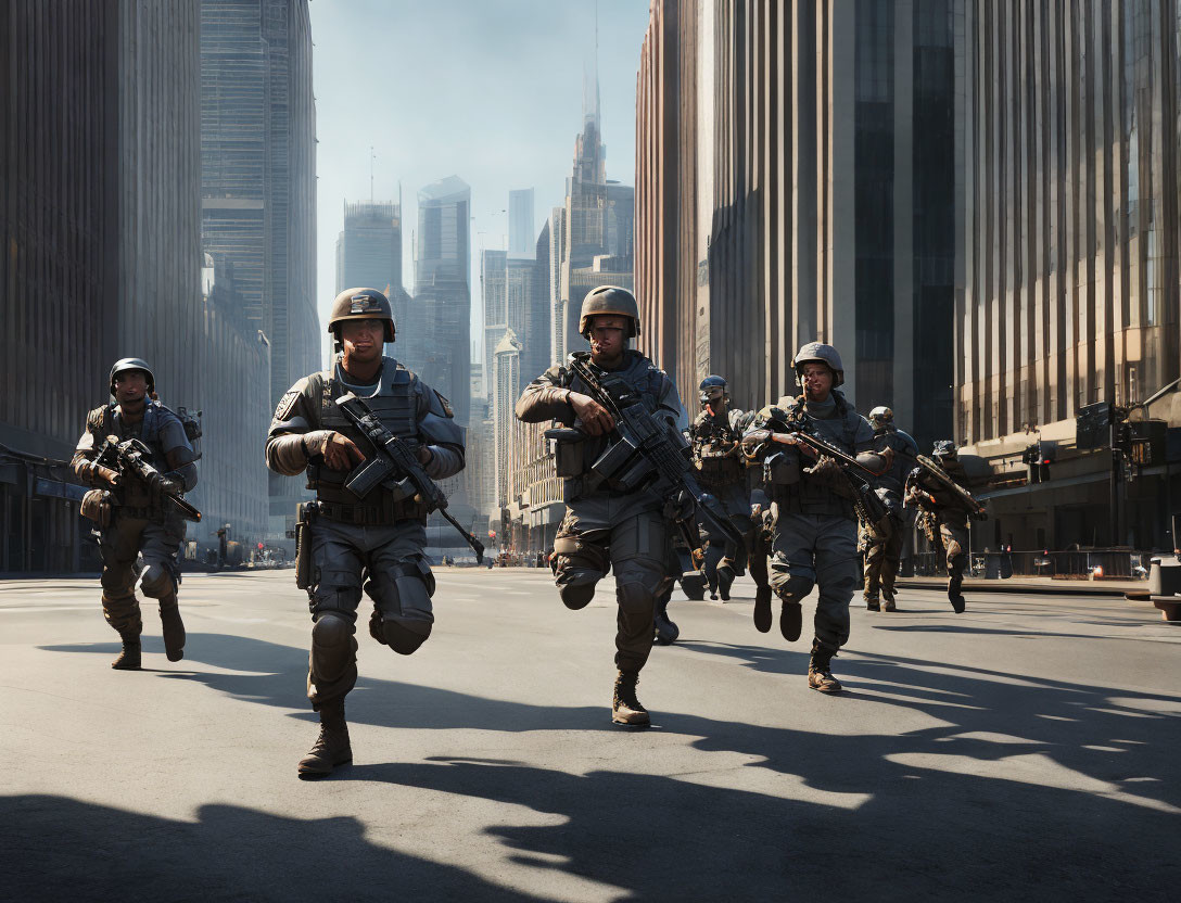 Soldiers in combat gear running in urban street with high-rise buildings.