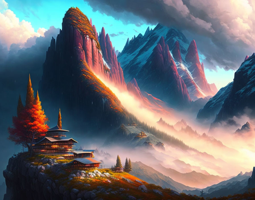 Majestic fantasy landscape with mountains, pagoda, foliage, and mist at sunset