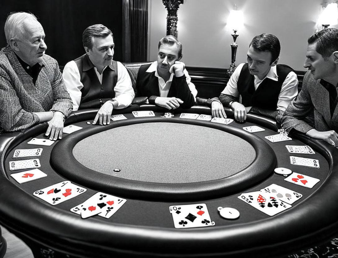 Five men playing poker in an elegantly decorated room.