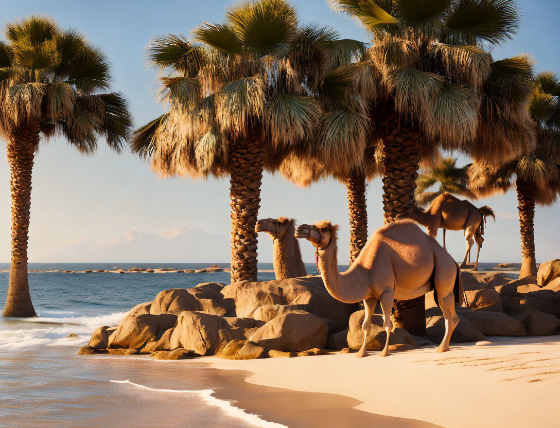 Tranquil beach scene with palm trees, rocks, and camel by the water