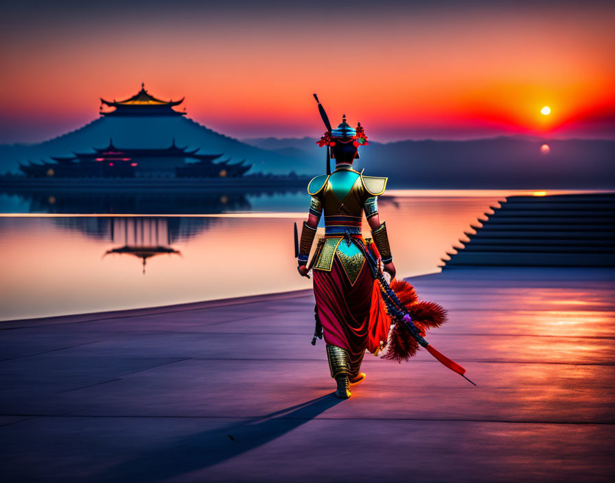 Traditional armored warrior approaching pagoda at sunrise by tranquil water.