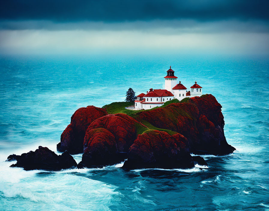 Lighthouse on Red Rocky Cliffs Over Turbulent Seas