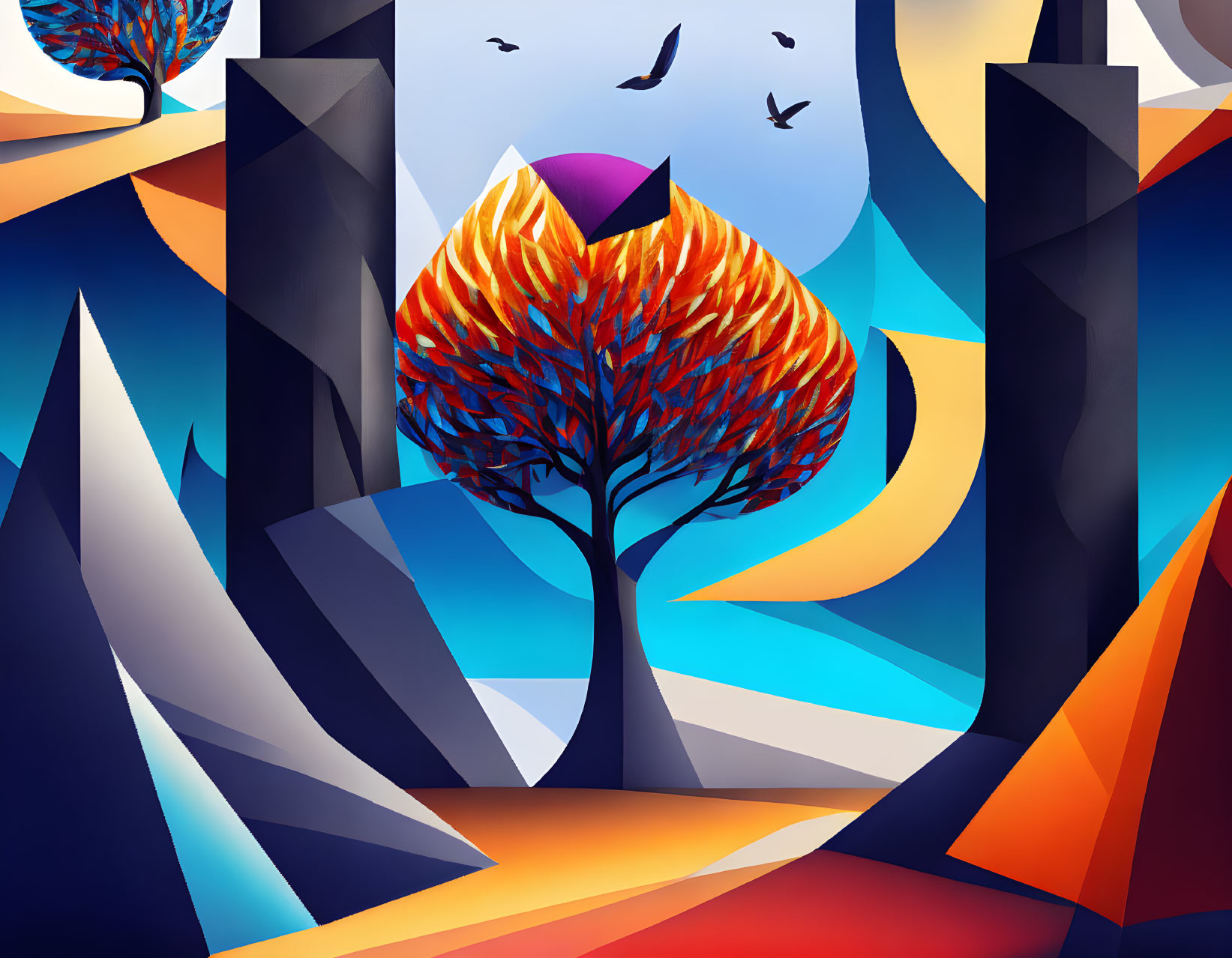 Colorful abstract art: Fiery orange tree, geometric shapes, birds in cool landscape