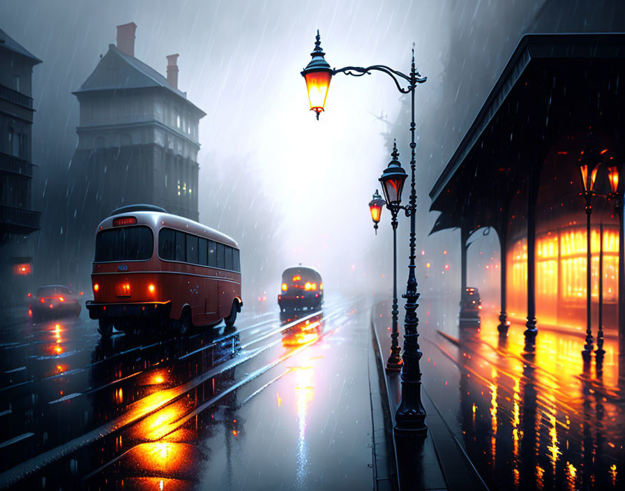 Vintage bus in illuminated rain-slicked cityscape