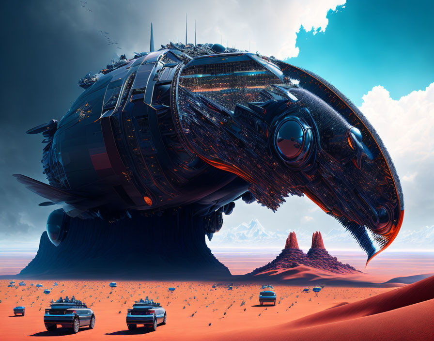 Gigantic futuristic spaceship on red desert with smaller vehicles and blue skies