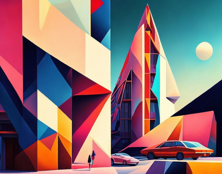 Vibrant Geometric Art: Futuristic Cityscape with Abstract Buildings