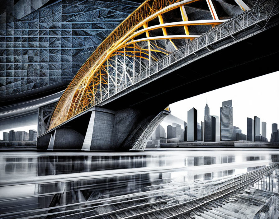 Vibrant orange bridge in striking black and white cityscape