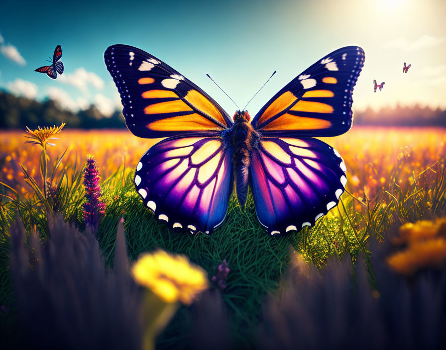 Colorful Butterfly in Sunlit Meadow with Flowers and Other Butterflies