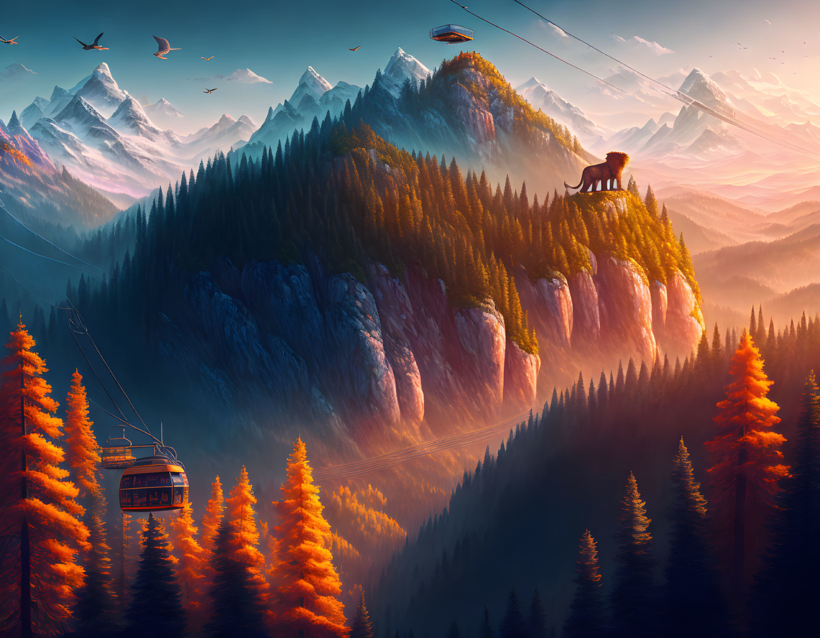 Vivid forest scenery with mountain cable car and bear silhouette at twilight