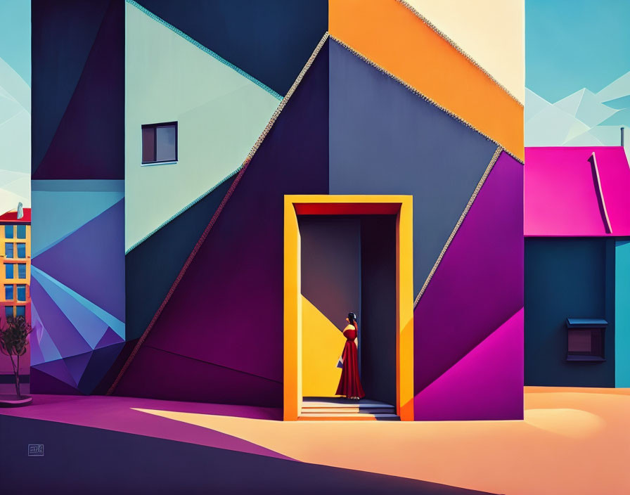 Vibrant geometric illustration with person in doorway surrounded by abstract shapes