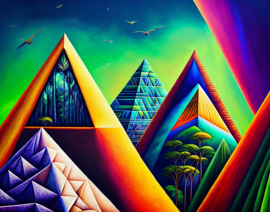 Colorful Pyramids in Tropical Setting with Birds and Rainbow Sky