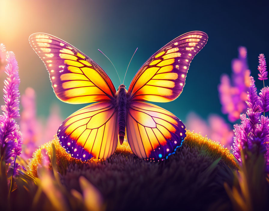 Colorful butterfly on flower surrounded by purple blooms in bokeh-lit setting