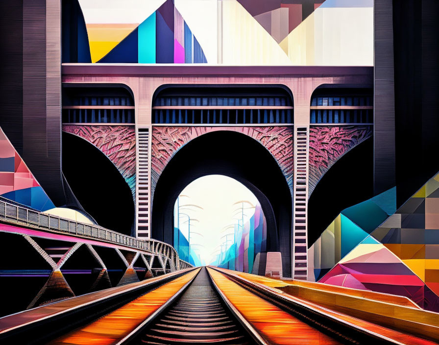 Colorful Abstract Train Tunnel Artwork with Geometric Patterns