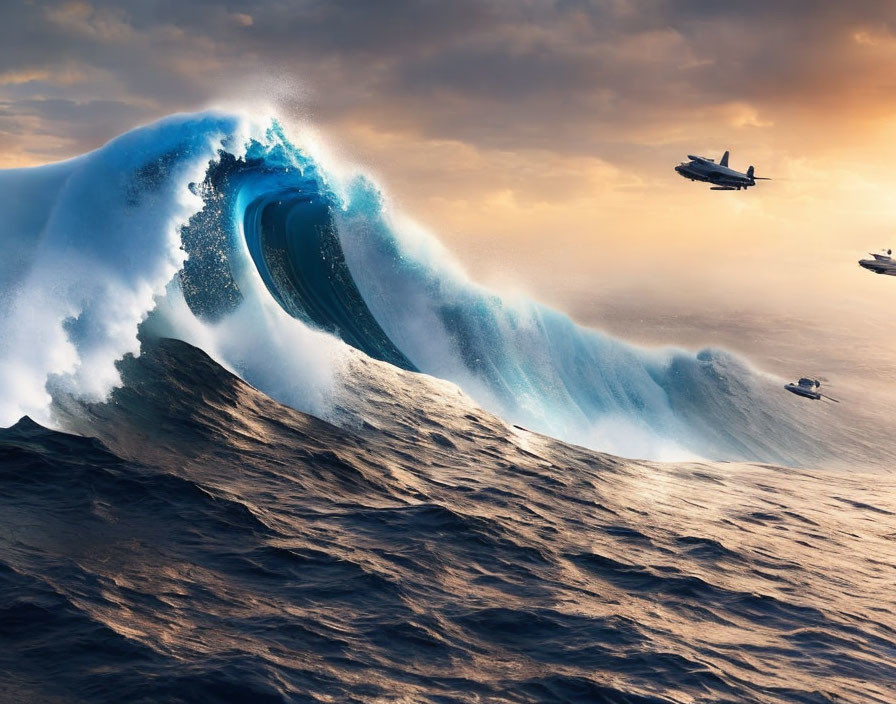 Gigantic wave and fighter jets in surreal ocean scene