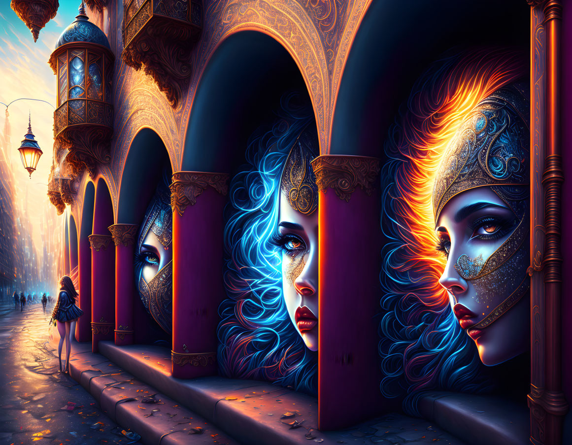 Fantasy street scene with surreal female faces, blue hair, and golden headpieces.