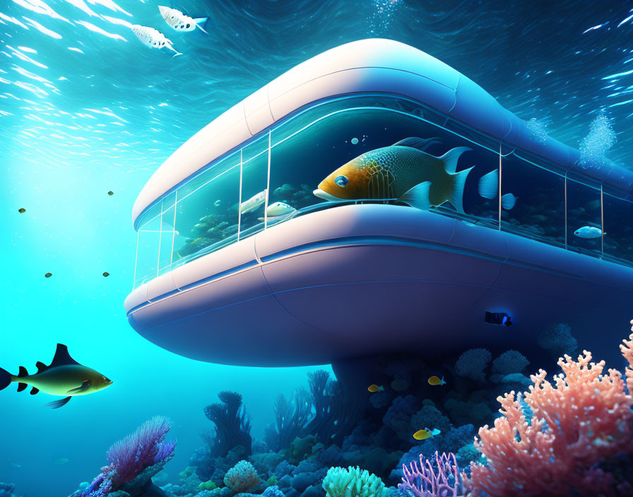 Futuristic underwater vehicle with large windows displaying vibrant marine life