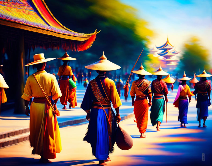 Traditional attire and conical hats on sunny path with Asian buildings.