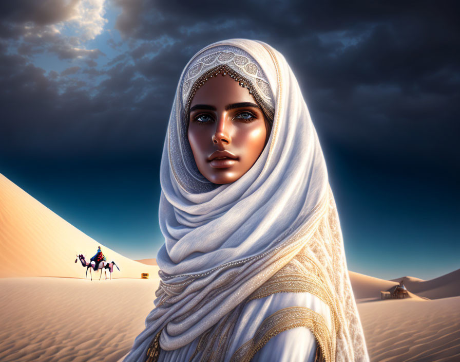 Woman in white hijab with gold detailing in desert scene