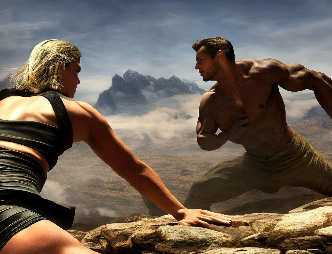 Muscular individuals arm-wrestling on rocky outcrop with mountains.