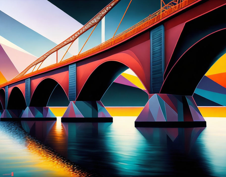 Colorful geometric bridge painting with reflections in water