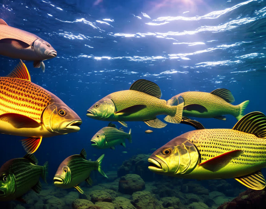 Vibrant school of fish swimming in sunlit ocean