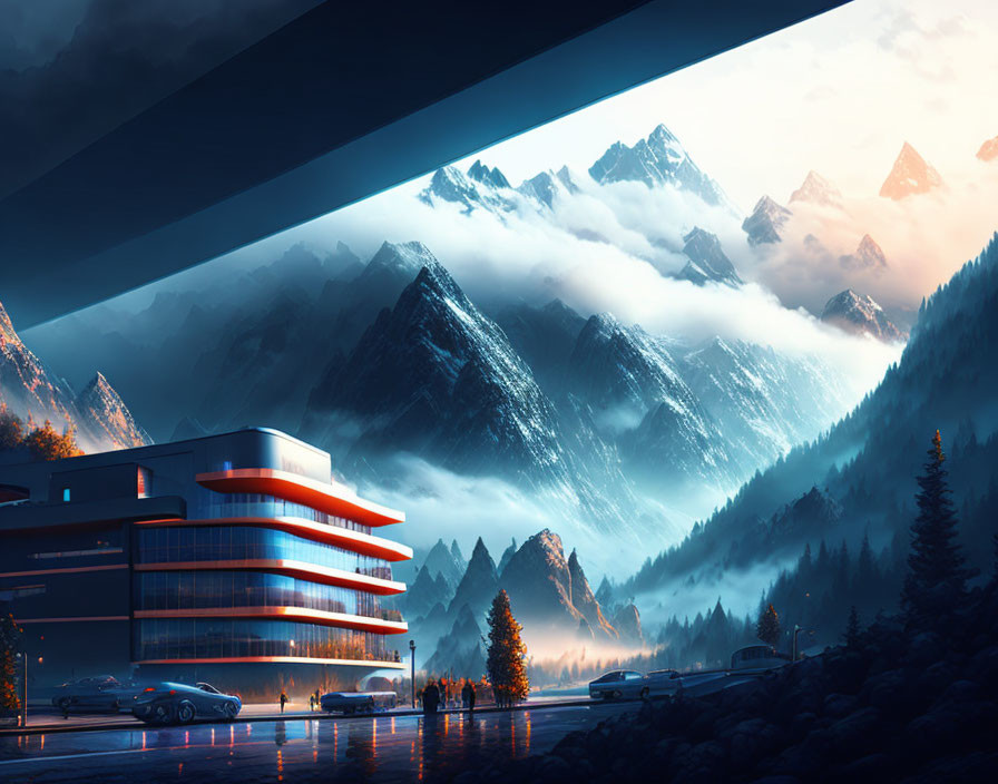 Futuristic building with glowing lights in misty mountain twilight