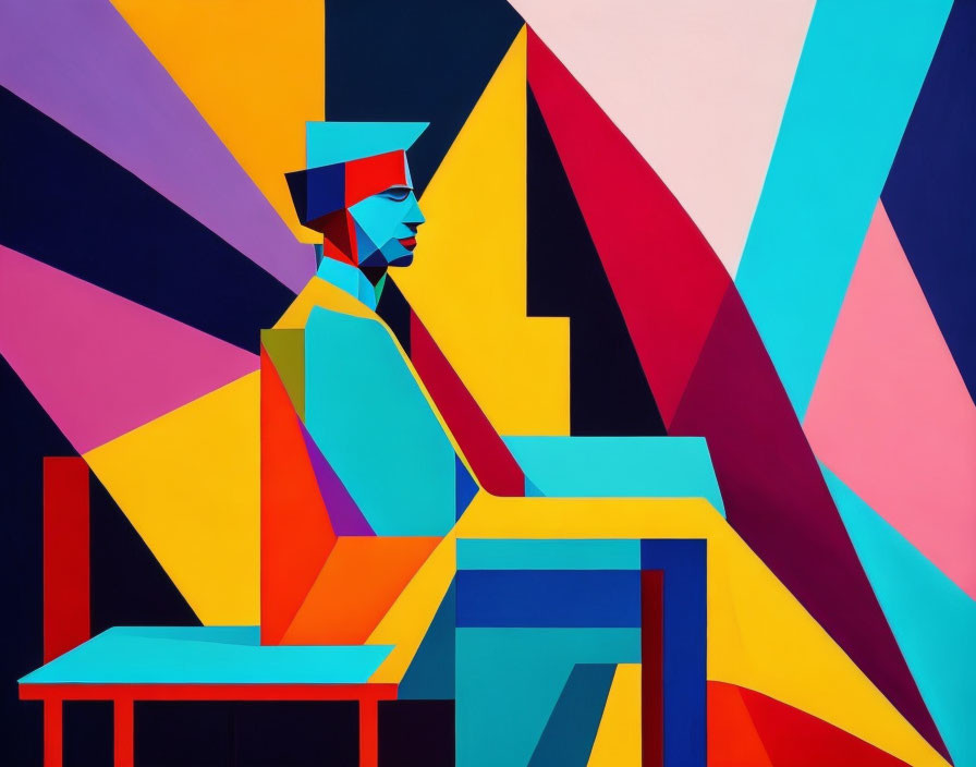 Colorful Cubist Painting of Sitting Person in Geometric Shapes