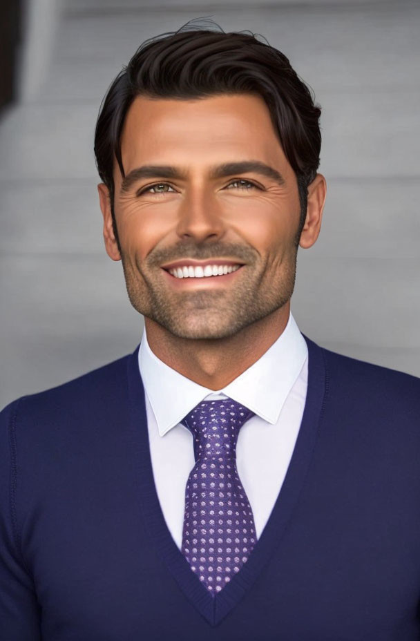 Smiling man in suit with blue shirt and dotted tie