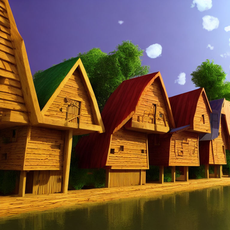 Colorful Stilted Wooden Houses Along Tranquil River