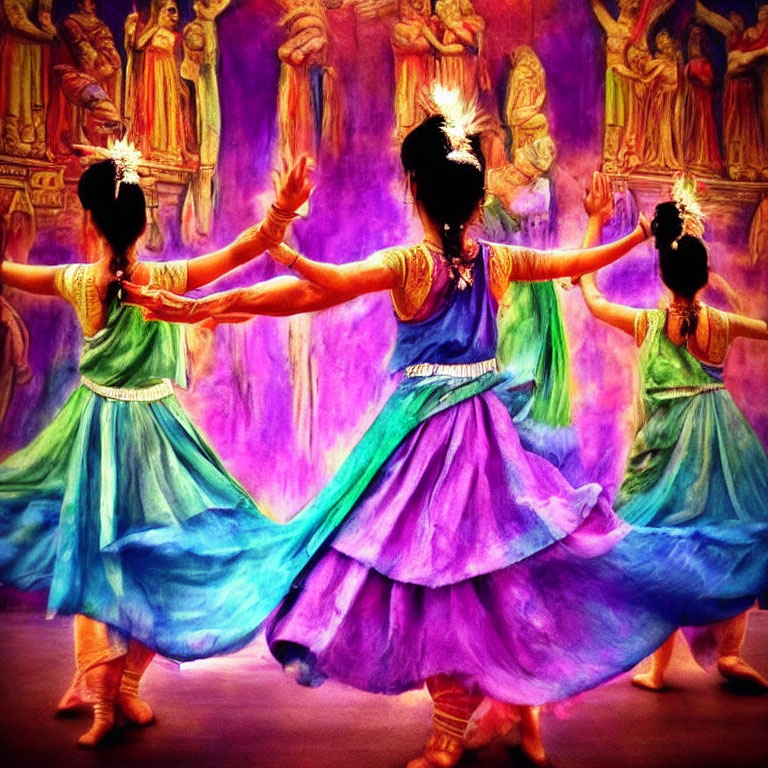 Traditional Indian dancers in colorful attire perform classical dance with elegant gestures and synchronized poses.