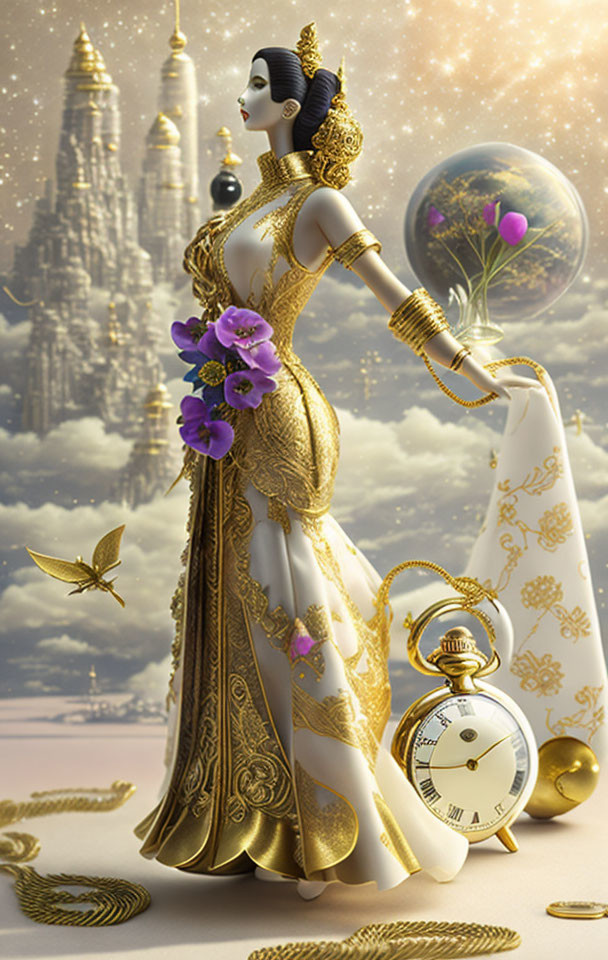 Surreal female figure in gold and white attire with purple flowers in front of fantastical castle backdrop