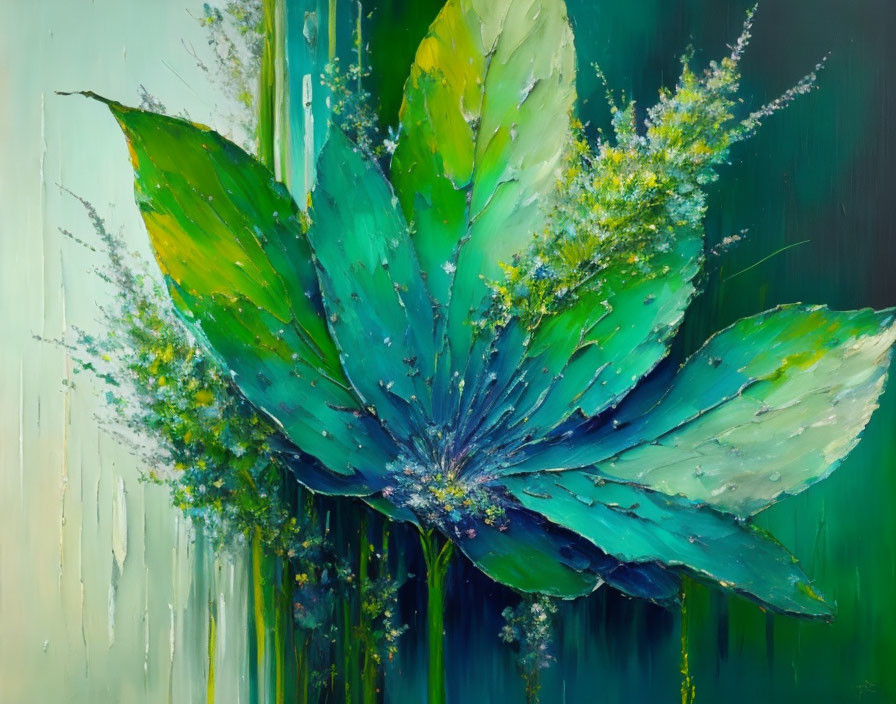 Teal-toned textured leaf painting on soft green background