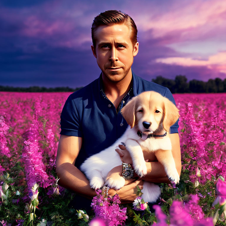 Man with Puppy in Vibrant Flower Field under Colorful Sky