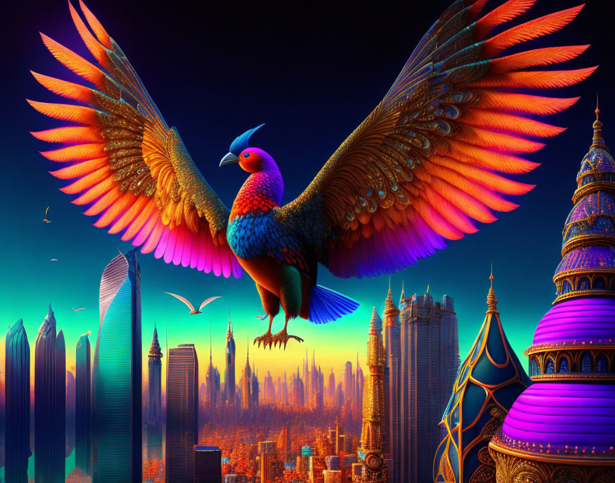 Colorful bird soaring over fantasy cityscape with ornate spires