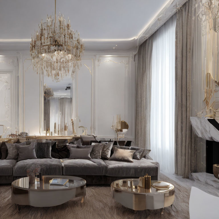 Luxurious Living Room with Elegant Decor and Chandelier