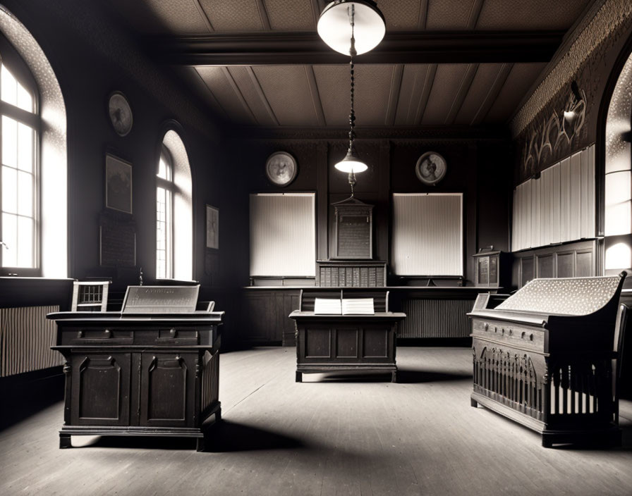 Vintage courtroom interior with wooden furniture and wall clocks.