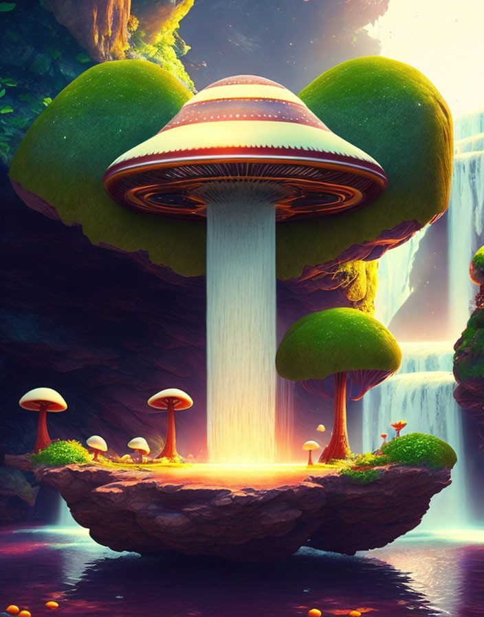 Fantastical landscape with large mushroom and waterfalls