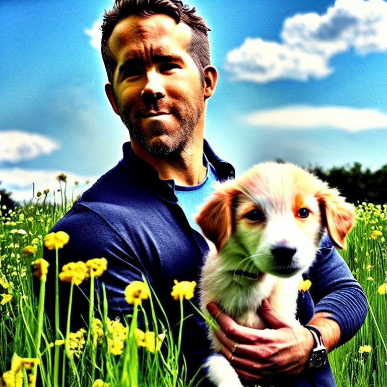 Man with Puppy in Sunny Field Among Yellow Flowers and Blue Sky