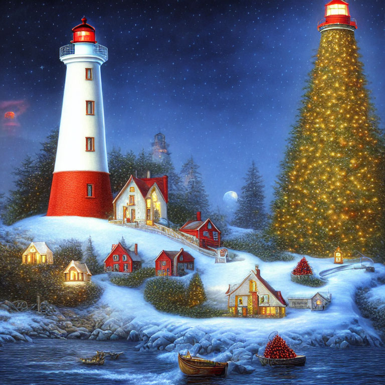 Snowy Winter Landscape with Red and White Lighthouse and Christmas Lights