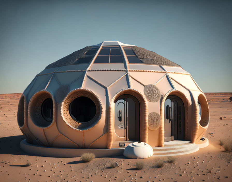 Futuristic dome-shaped habitat in desert landscape