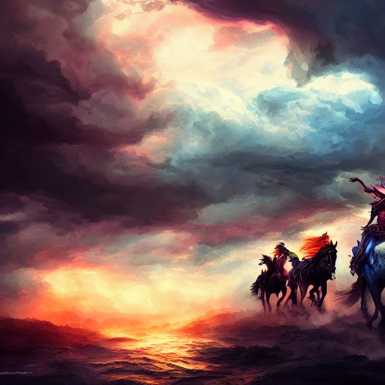 Illustration of Riders on Horseback under Fiery Sky