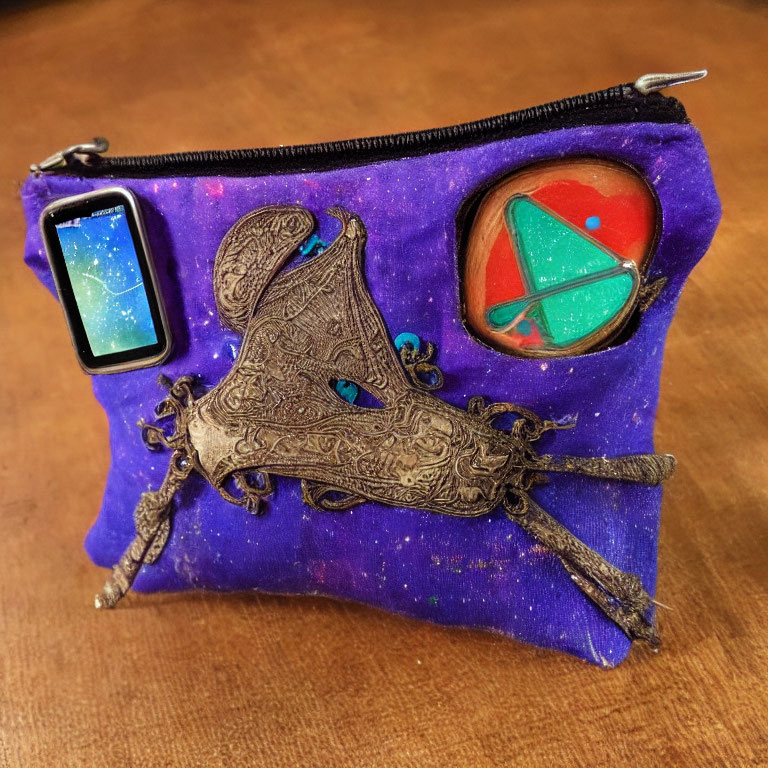 Purple Coin Purse with Cowboy Boot, Smartphone, and Geometric Patches