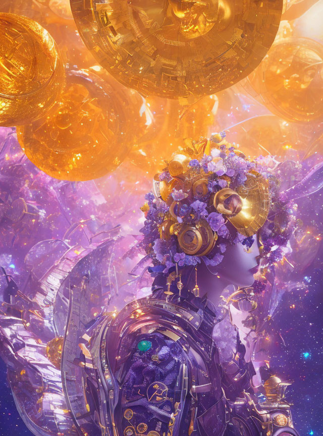 Vibrant otherworldly being with purple visage and golden mechanical elements in cosmic setting