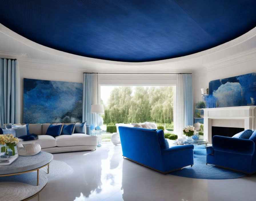 Blue and White Decor Living Room with Greenery View