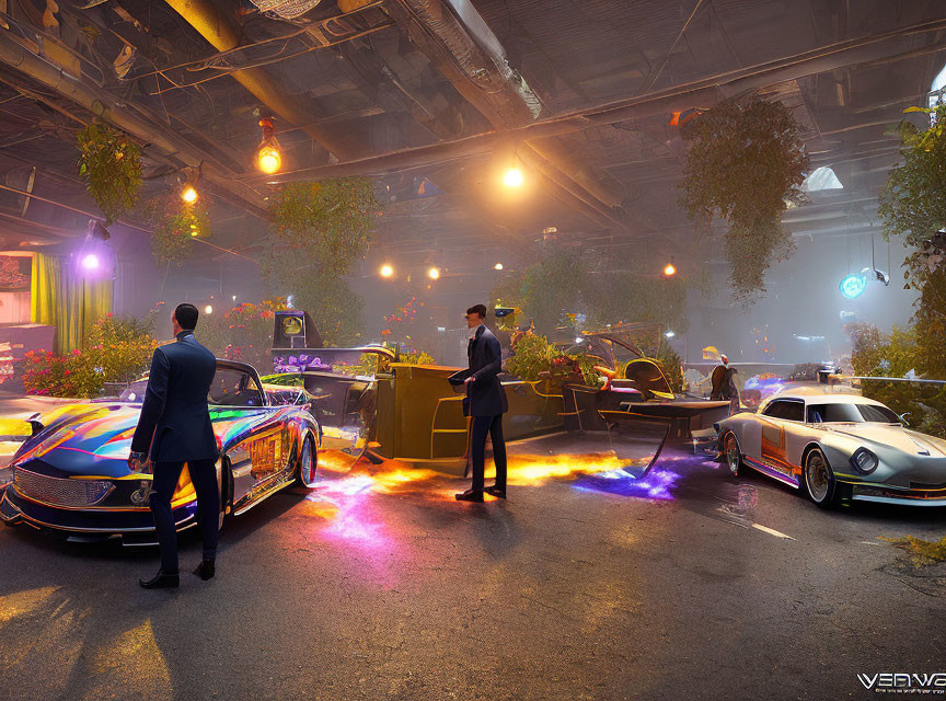 Futuristic cars inspection in vibrant, neon-lit garage