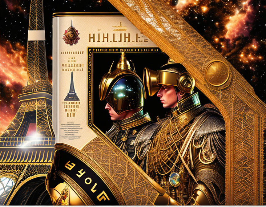 Futuristic soldiers in golden armor at Eiffel Tower